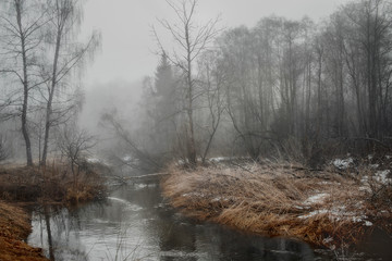 Misty landscape with forest and river at morning