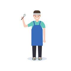 Thai young man curry rice merchant character flat style design.Male sale rice holding ladle.