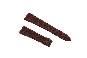 Brown, leather watchband stitched at the edges, isolated on white background.