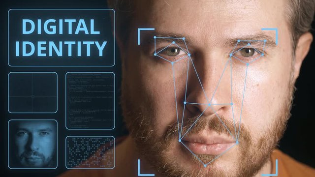 Computer security system scanning caucasian man's face. Digital identity related clip