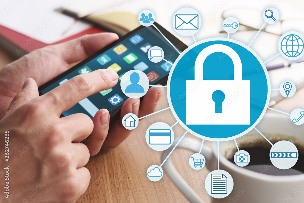 Poster Smartphone security system and protection of personal data.Closeup of male hands touching smartphone screen for using app at table.