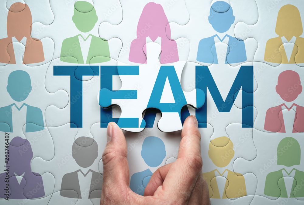 Poster team building concept. selecting people and effecting solution. connecting last jigsaw puzzle piece.