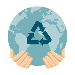 hands protecting earth planet with recycle arrows