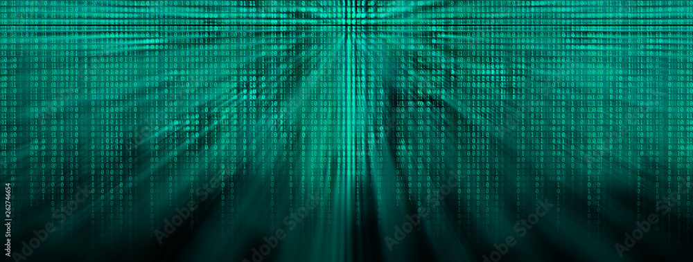 Fototapete wide glowing binary code matrix background with rays of light