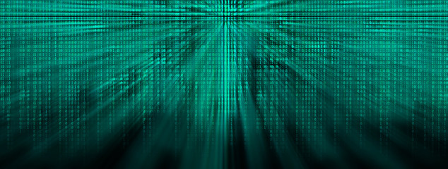 wide glowing binary code matrix background with rays of light