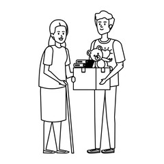 man volunteer giving a old woman donations box