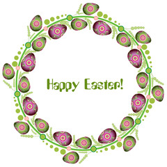 Easter wreath with hand drawn eggs and floral elements isolated on white background. Red Green berries. Decorative frame from easter eggs with floral ornaments and watercolor spots in circle shape