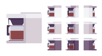 Coffee machine set, kitchen and cafe equipment. Home coffeemaker or shop device, real barista experience. Vector flat style cartoon illustration isolated on white background, different views, colors