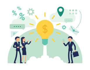 Fototapeta na wymiar Startup business investment. Male, female managers put money for profit into project, newly established business, bright lamp bulb as rocket launch. Vector abstract illustration, faceless character