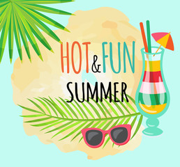 Hot and fun summer vector, cocktail poured in glass decorated with umbrella and straws. Sunglasses and leaves of palm tree. Alcoholic drink and glasses