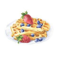 Hand drawn watercolor waffles on a plate with strawberries and blueberries isolated on white background. Food illustration.