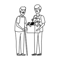 man volunteer giving a old man donations box