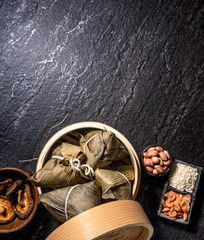 Close up, copy space, top view, flat lay. Famous asian chinese tasty handmade food in duan wu...