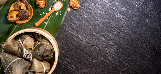 Close up, copy space, top view, flat lay. Famous asian chinese tasty handmade food in duan wu...