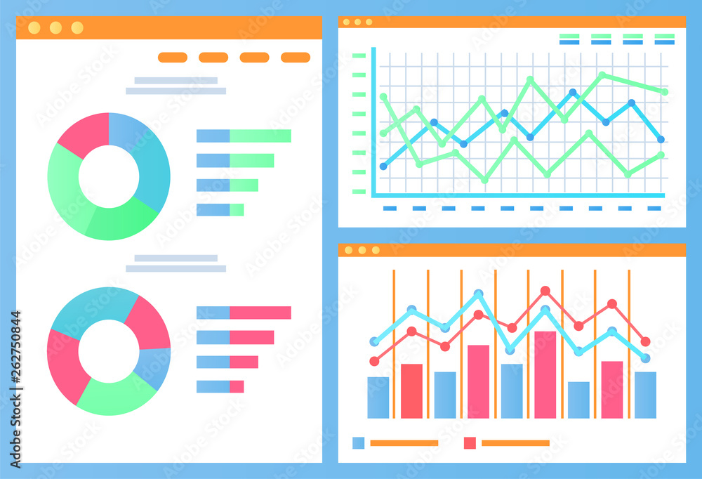 Poster pie diagram with segments vector, data in visual representation flat style. information gathered in 