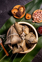 Close up, copy space, top view, flat lay. Famous asian chinese tasty handmade food in duan wu...