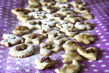 Oatmeal cookies, dietary of different shapes, with raisins and dried apricots. Baking, baking concept. Proper nutrition concept.