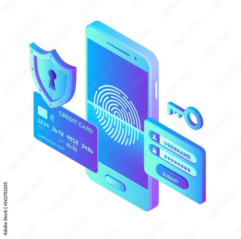 Poster mobile payments. data protection concept. personal data protection. credit card check and software a