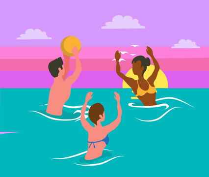 Man tossing big colorful ball, women catching it, water sport activity. Portrait and back view of friends wearing swimsuit, splashing in sea vector volleyball