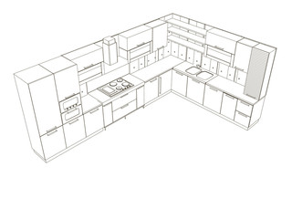 Contour of the kitchen of black lines isolated on white background. Isometric view. Wireframe of the kitchen set. Vector illustration