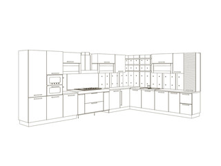 Contour of the kitchen of black lines isolated on white background. Front view. Wrieframe of the kitchen set. Vector illustration