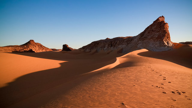 aerial Panoramic landscape near Boukkou lake group of Ounianga Serir lakes at the Ennedi, Chad