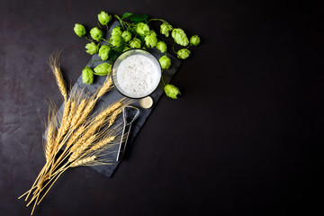 Glass of beer with green hops and wheat ears on dark wooden background. Still life. Copy space