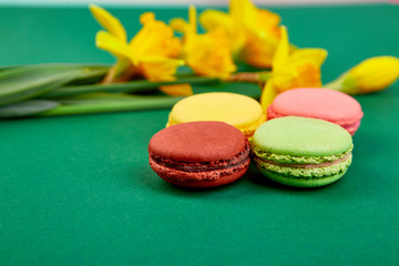 French delicacy, macaroons colorful with spring blossom.