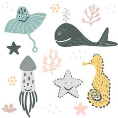 Set with colorful stingray, whale, jellyfish, sea horse and starfish. Cartoon vector illustration in scandinavian style. Great for fabric, textile.