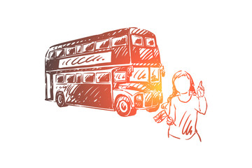 Young woman on summer trip, tourist holding Great Britain flag, double decker bus, british culture exploration
