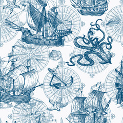 Old caravel, vintage sailboat, sea monster. Seamless pattern