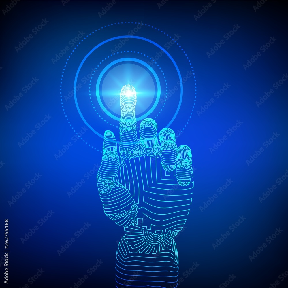 Poster robotic hand touching digital interface. virtual reality. touch the future wireframe illustration. c