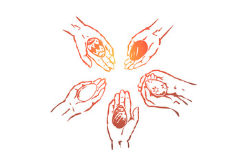 People holding various easter eggs in hands, decorated pysanka in palms, paschal tradition, togetherness