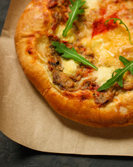 pizza, mushrooms, arugula, tomato sauce, cheese. food background