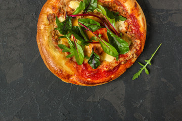 pizza, mushrooms, arugula, tomato sauce, cheese. food background