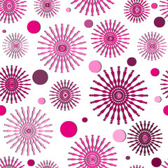 Seamless pattern with pink doodle flowers and polka dots