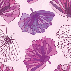 Pink and purple hand drawn flowers with featured unfinished blossom. Seamless vector pattern on marbled background. Great for wellness, beauty, garden products, giftwrap, stationery, packaging.