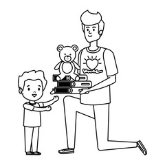 man volunteer giving a boy books and bear teddy