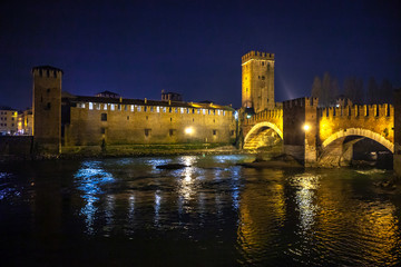 Verona, Italy – March 2019. Castelvecchio Bridge, Brick & marble bridge with 3 spans & arches, built in the 14th century & reconstructed after WWII. Verona, Italy, Europe