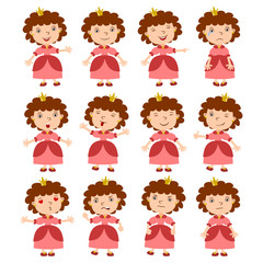 Collection of funny Princess in cartoon style in different poses and emotions isolated on white background - 262761485