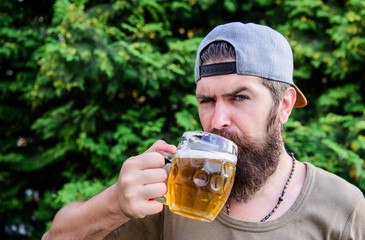 Beer and ale concept. Man relaxing enjoying beer hot summer day. Quench thirst. Alcohol drink and...