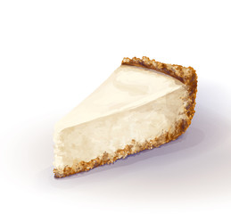 Vector piece of cheesecake cake with airy and tender, delicate creamy-curd cheese. Crisp and crumbly cake with back, appetizing, realistic, homemade cakes, drawn by hand. Tasty, healthy, delicious
