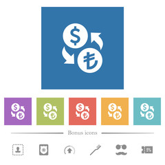 Dollar Lira money exchange flat white icons in square backgrounds