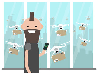 Drone delivery service.Many drones receiving the parcels .Young character near the window.Flat cartoon designClip art