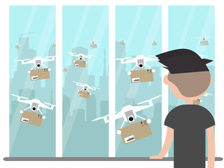 Drone delivery service.Many drones receiving the parcels .Young character near the window.Flat cartoon designClip art