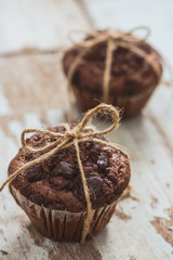 Dellicious homemade chocolate muffin on table. Ready to eat.