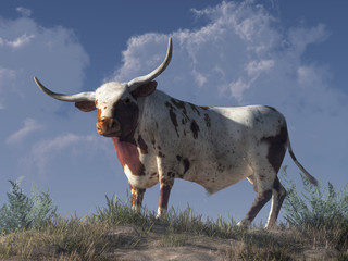 A Texas Longhorn bull stands in the grass looking at you.  The steer has a white coat with brown spots, but its most noticeable feature is its long curved horns. 3dRendering 