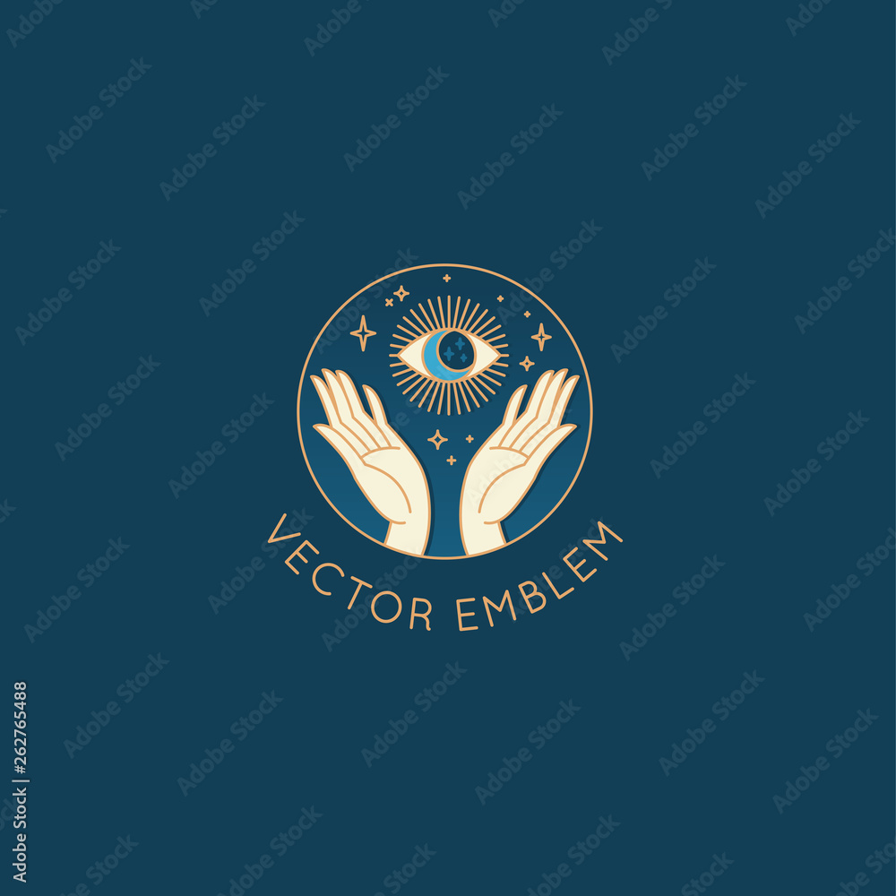 Poster vector abstract logo design template in trendy linear minimal style - hands with moon, sun and stars