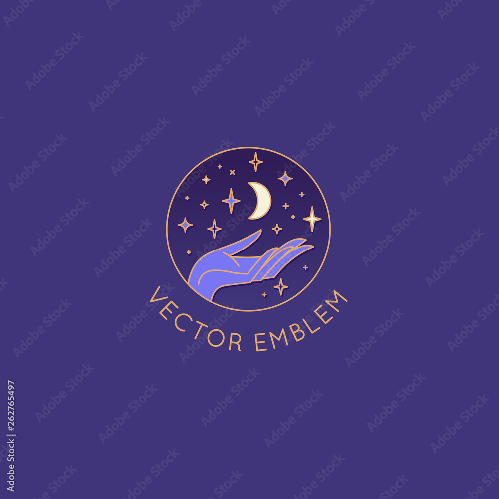 Poster Vector abstract logo design template in trendy linear minimal style - hand with moon and stars