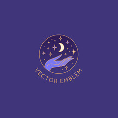 Vector abstract logo design template in trendy linear minimal style - hand with moon and stars